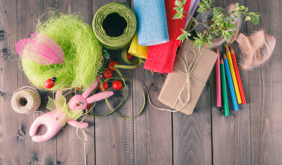 art and craft supplies, including paintbrushes, sketch pads