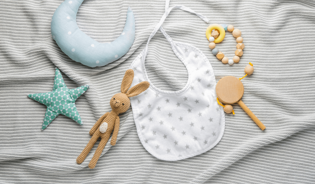 baby clothing, toys, bedding