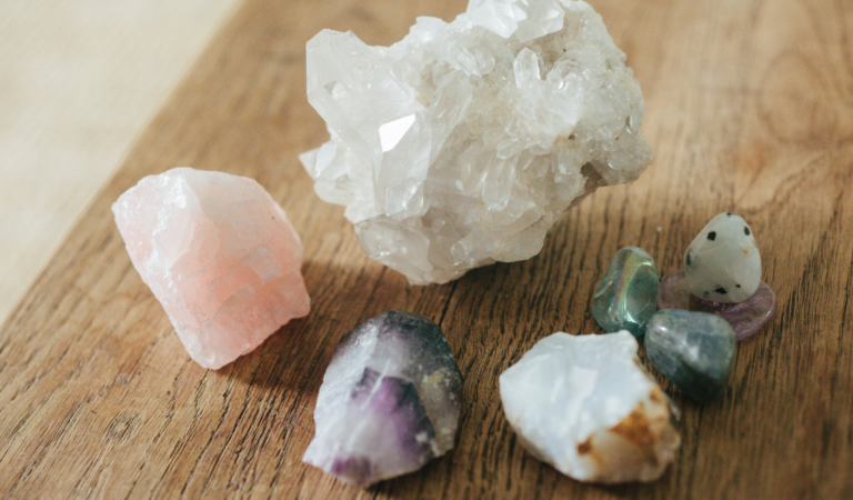 collection of polished rocks and crystals