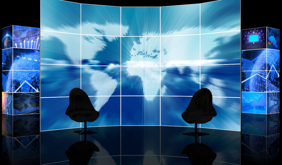 digital broadcast studio with freelancers collaborating remotely