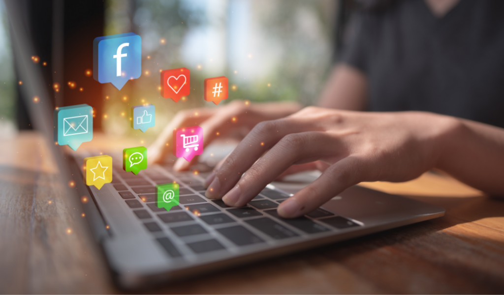 digital marketing industry, such as a laptop or mobile device with icons of various marketing tools