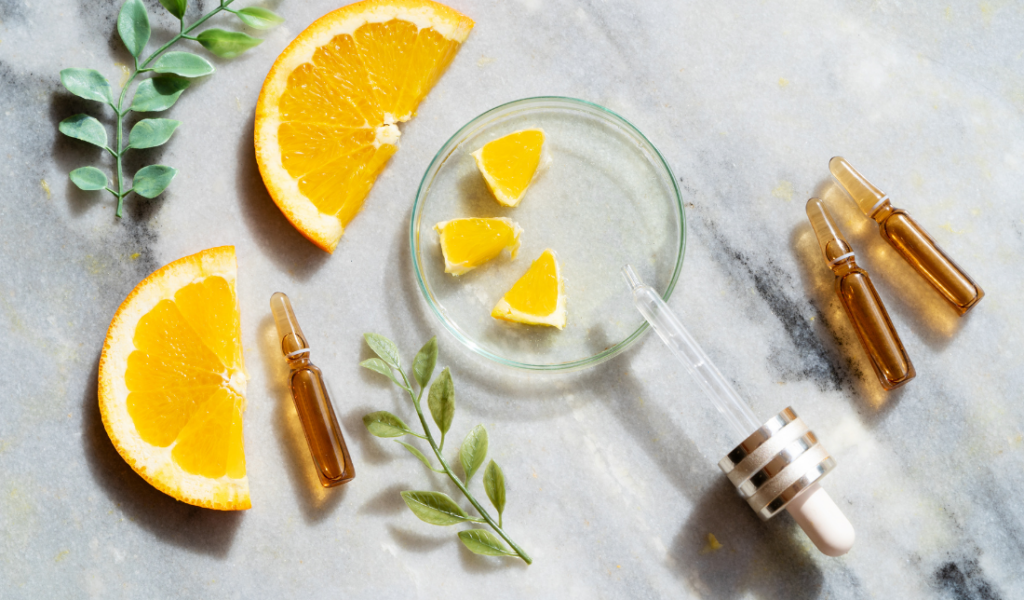 drop of liquid vitamins with a leaf on it