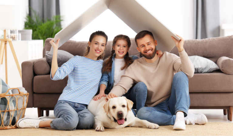 happy family with their new puppy