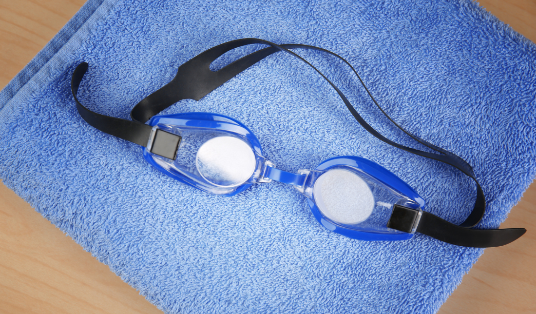 microfiber towels, swimming goggles