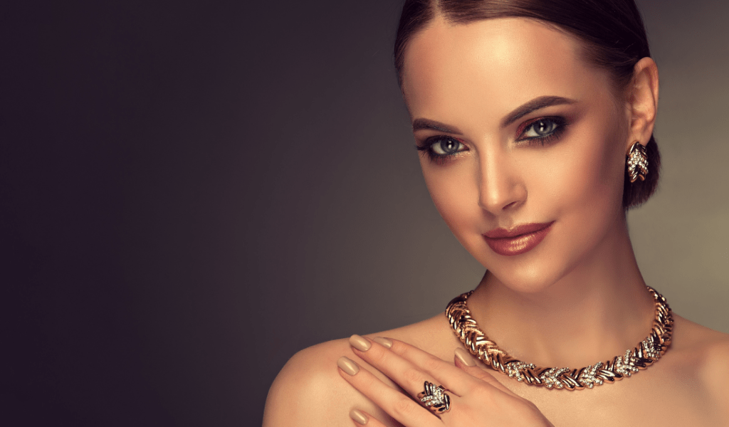 model wearing a necklace, pendant, ring, earring, bracelet, or anklet