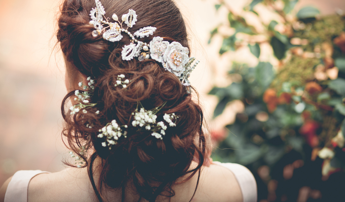 model wearing hair accessories and styled hair