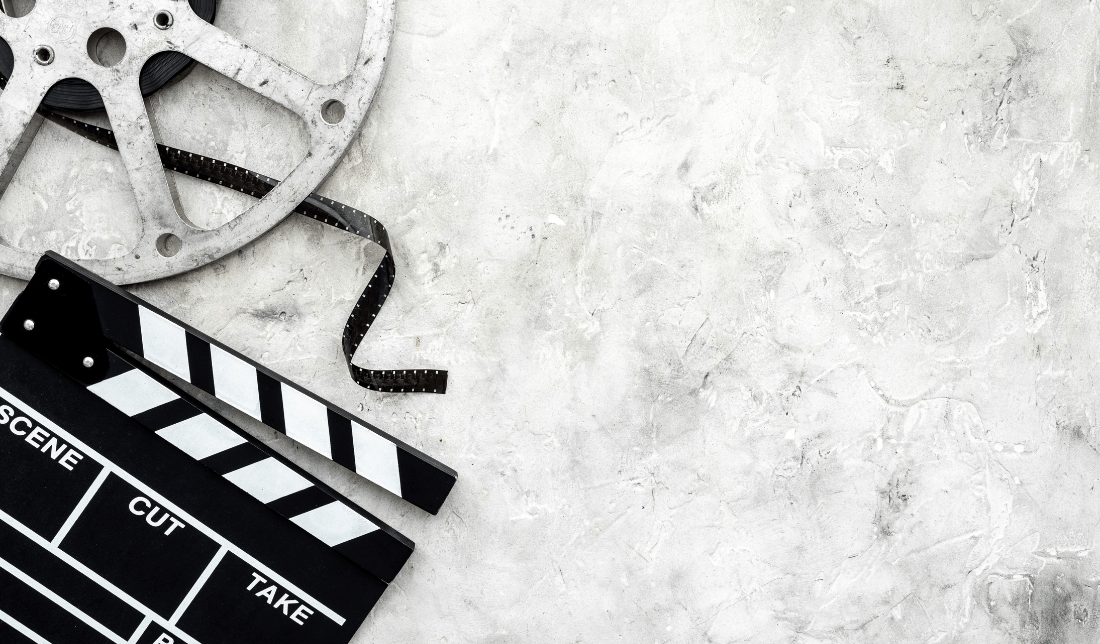 movie reel with religious symbols overlaid