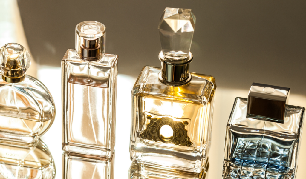 perfume bottles and personal care products