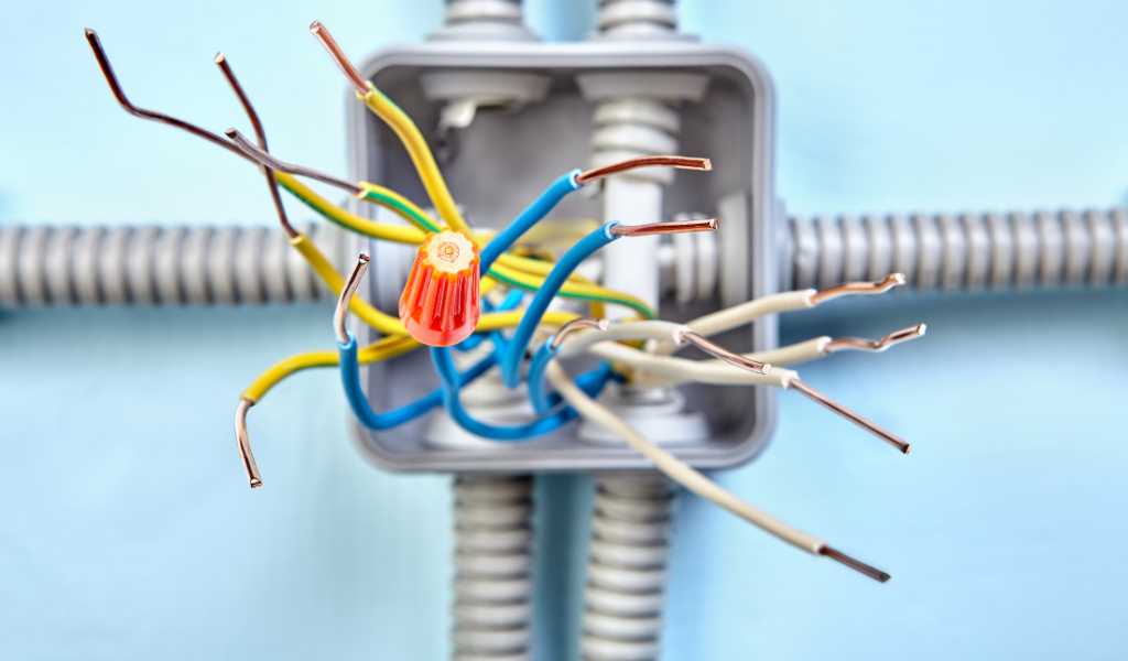 receptacle box with various electrical connections and wires