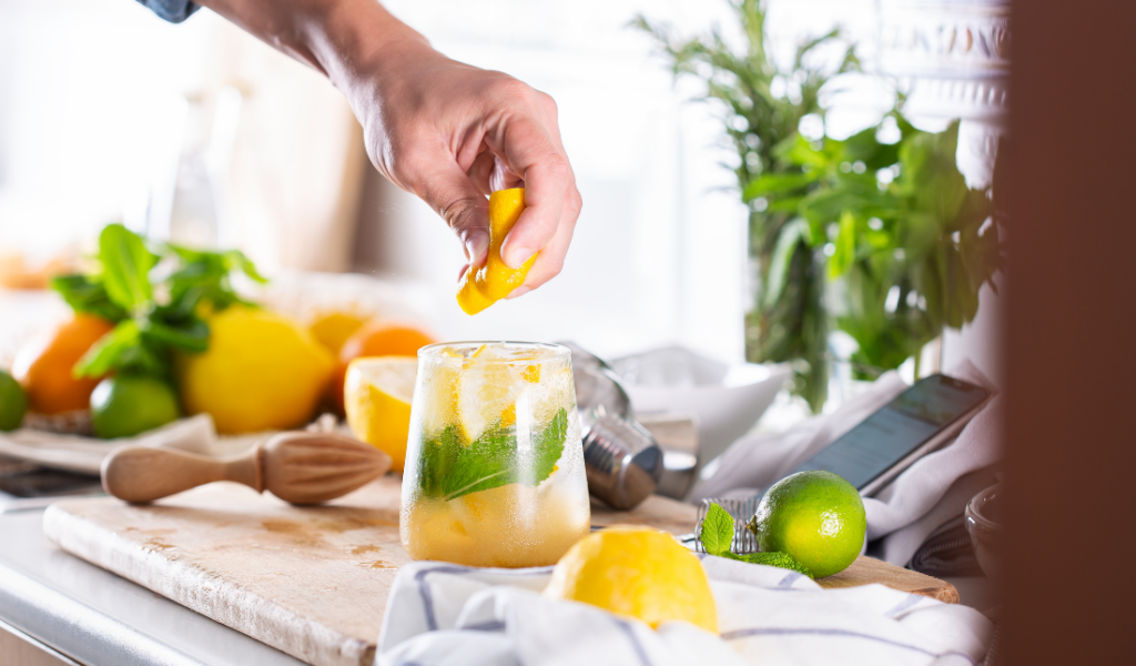 refreshing glass of hard seltzer with fruit garnishes