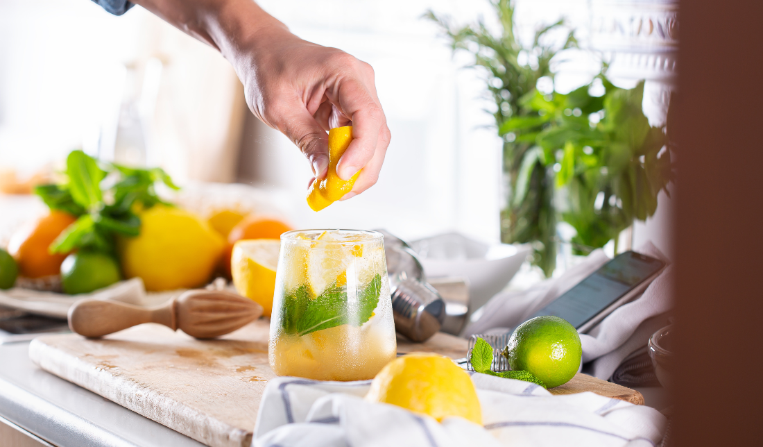 refreshing glass of hard seltzer with fruit garnishes
