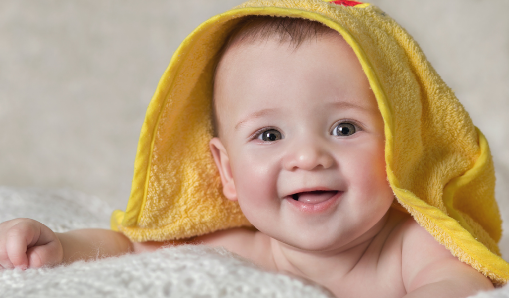 smiling baby or a baby bottle with organic ingredients