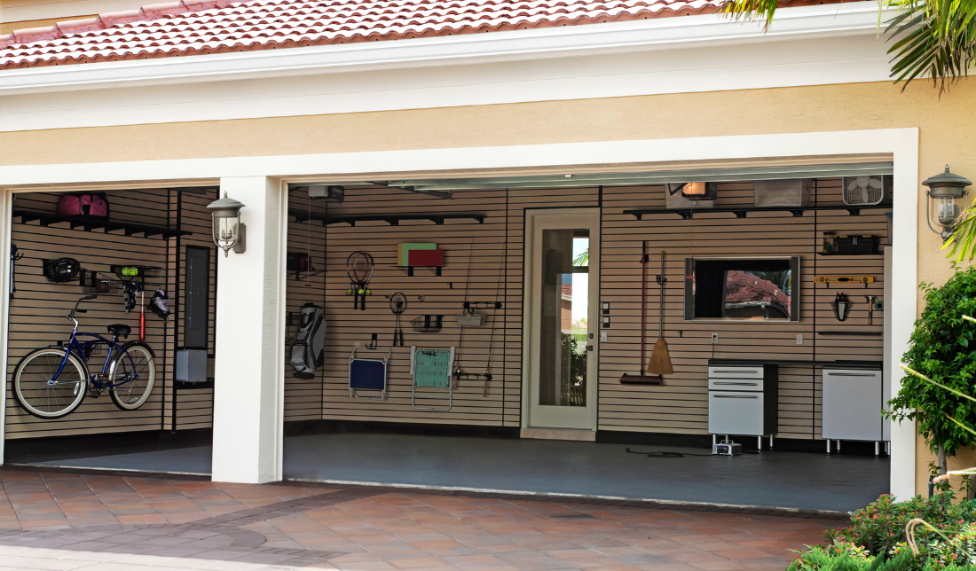 well-organized garage with storage cabinets