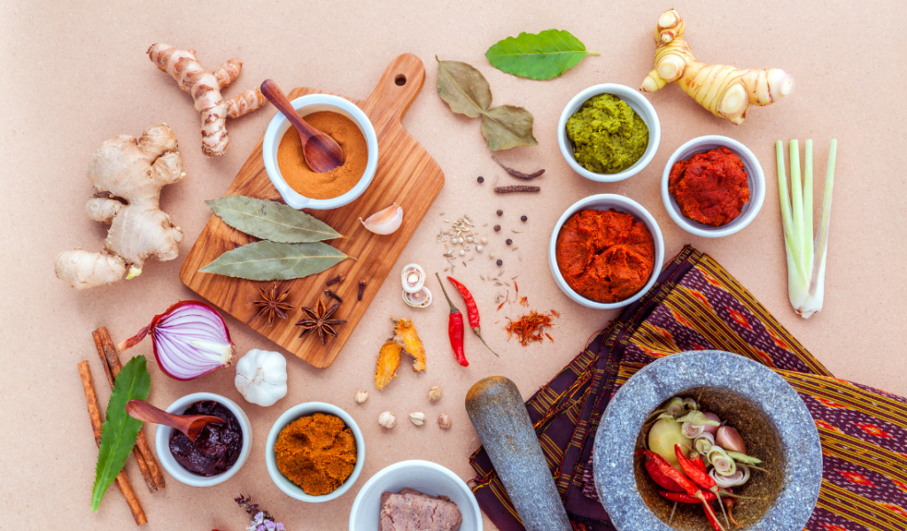 variety of cooking utensils and spices